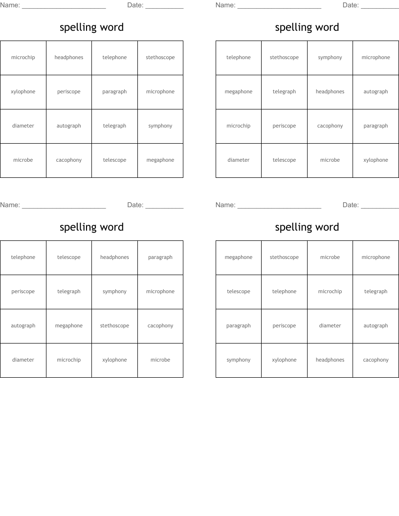 spelling word Bingo Cards