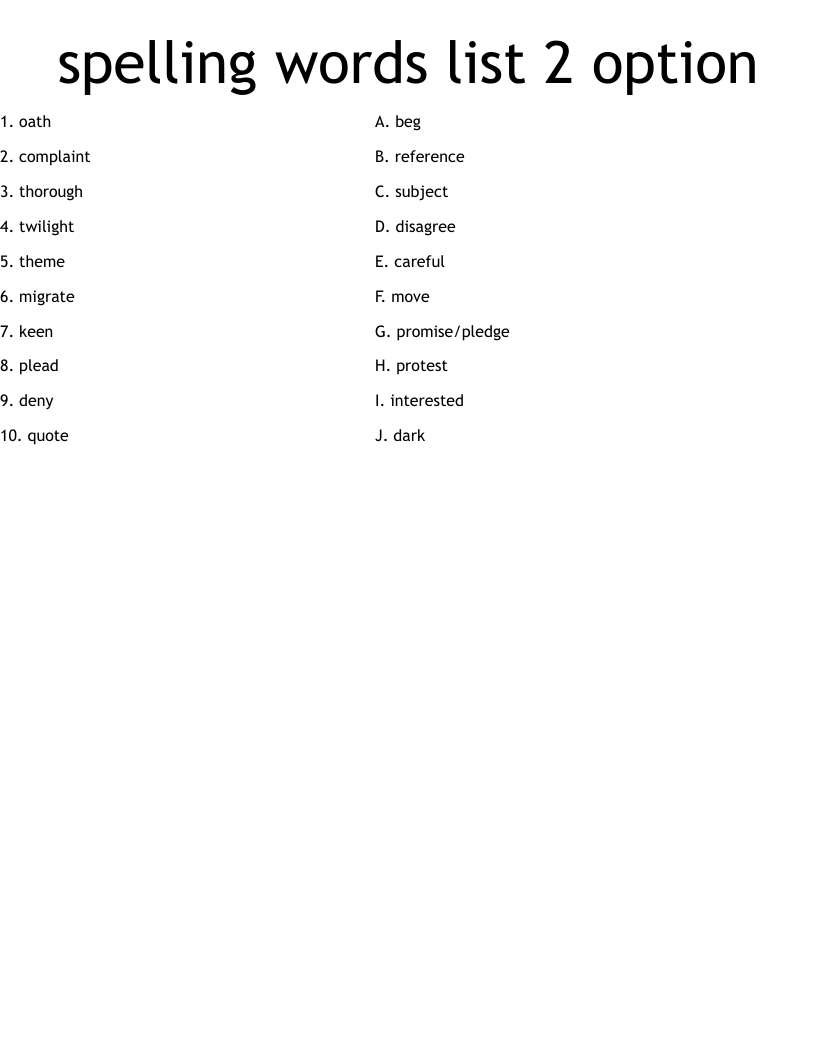 spelling words list 2 option  Worksheet