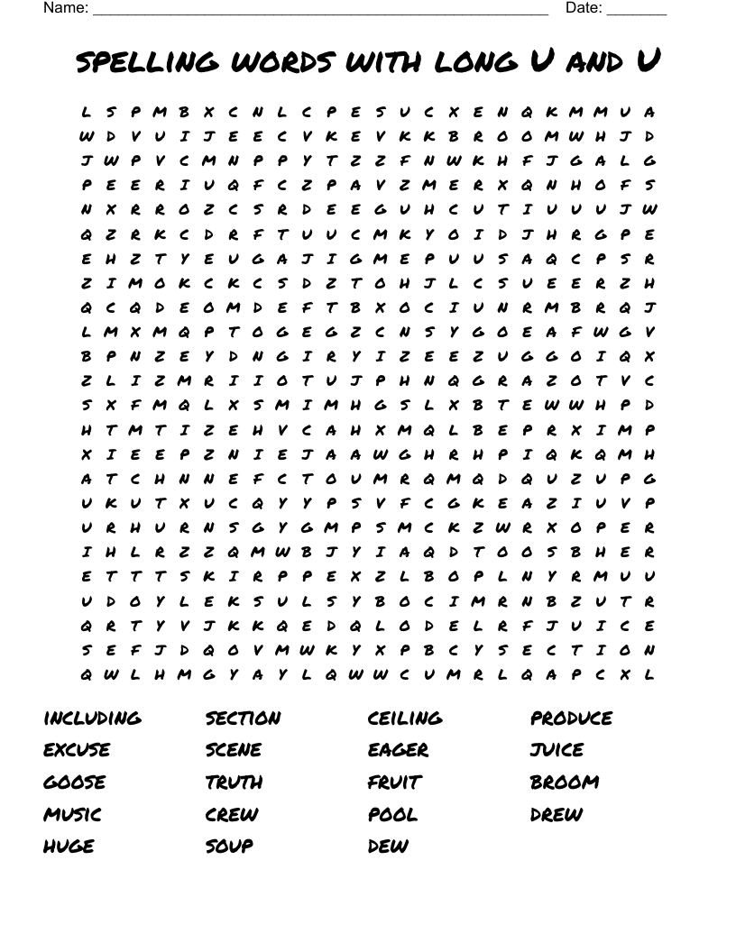 spelling words with long U and U Word Search