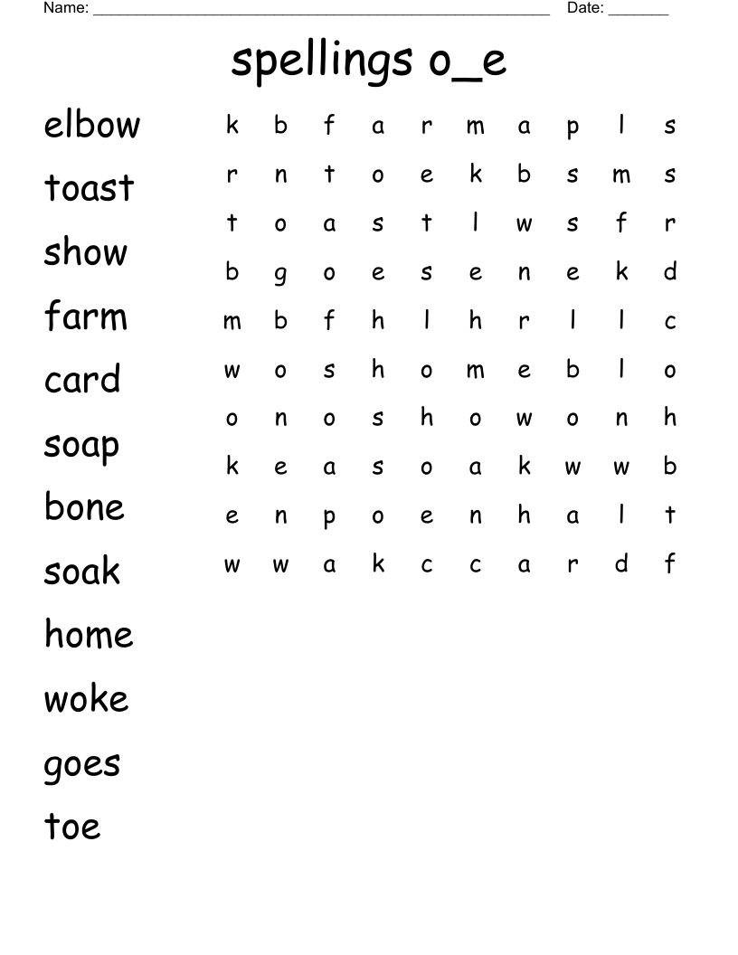 spellings  o_e Word Search