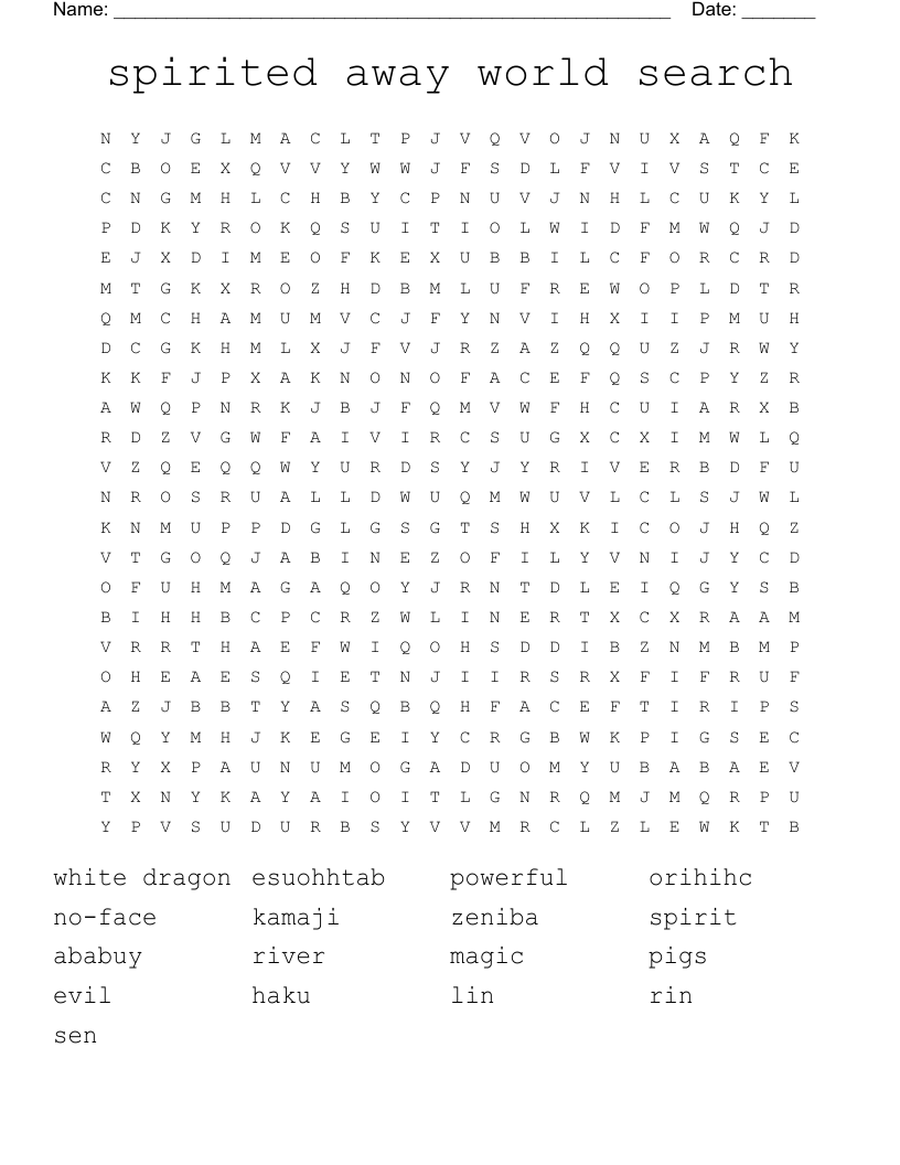 spirited away world search  Word Search