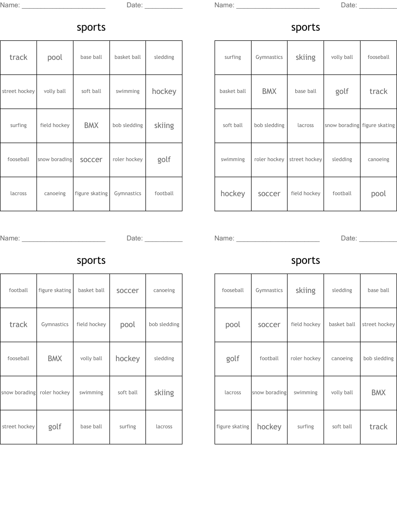 sports Bingo Cards