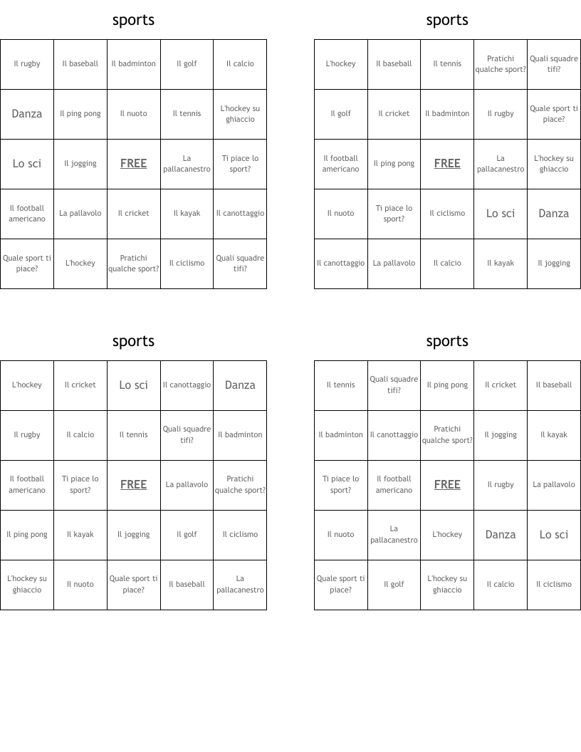sports Bingo Cards