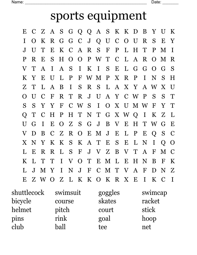 sports equipment Word Search