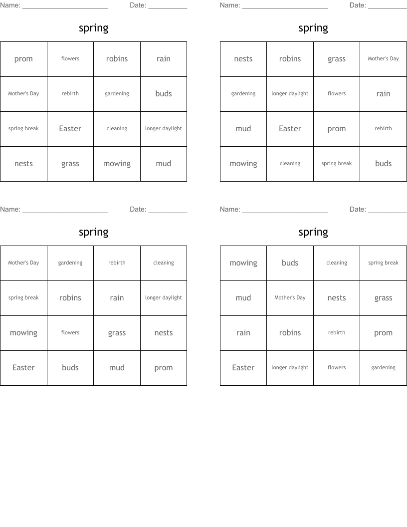 spring Bingo Cards
