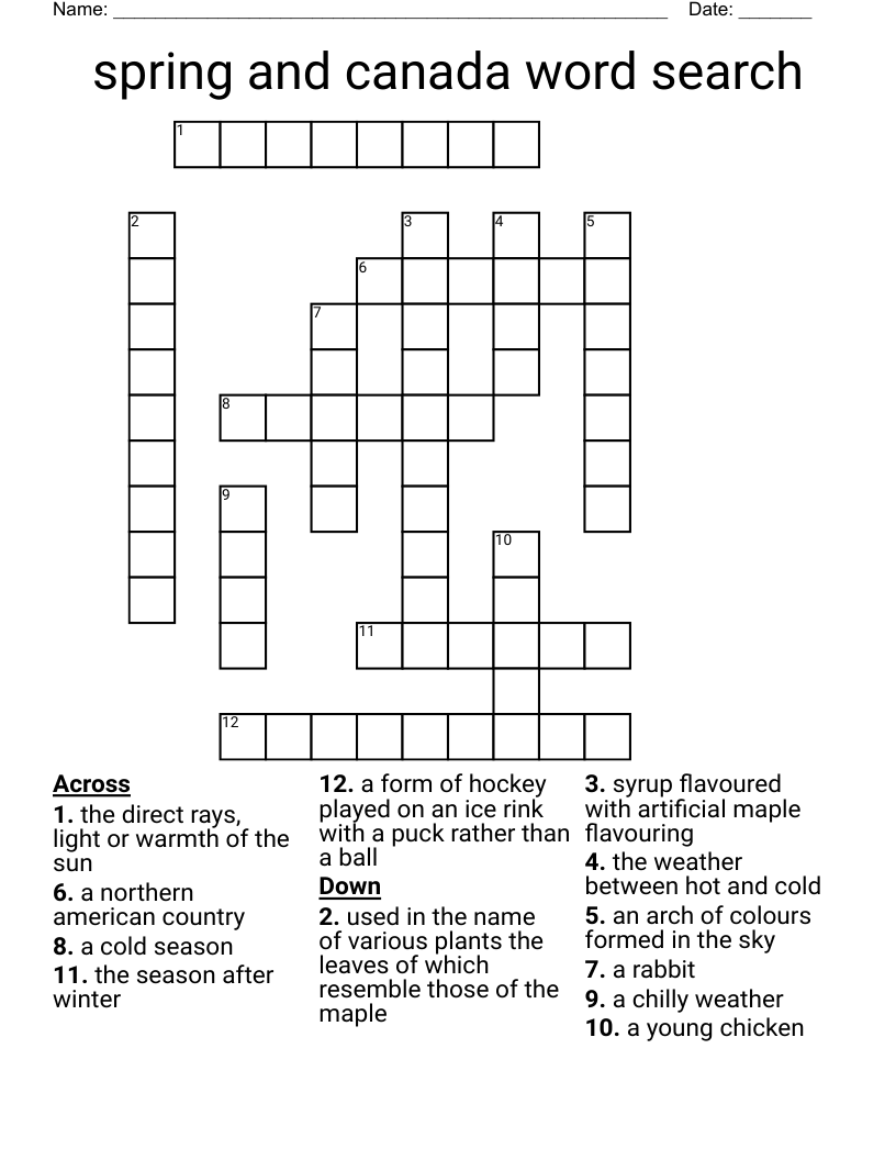 spring and canada word search Crossword