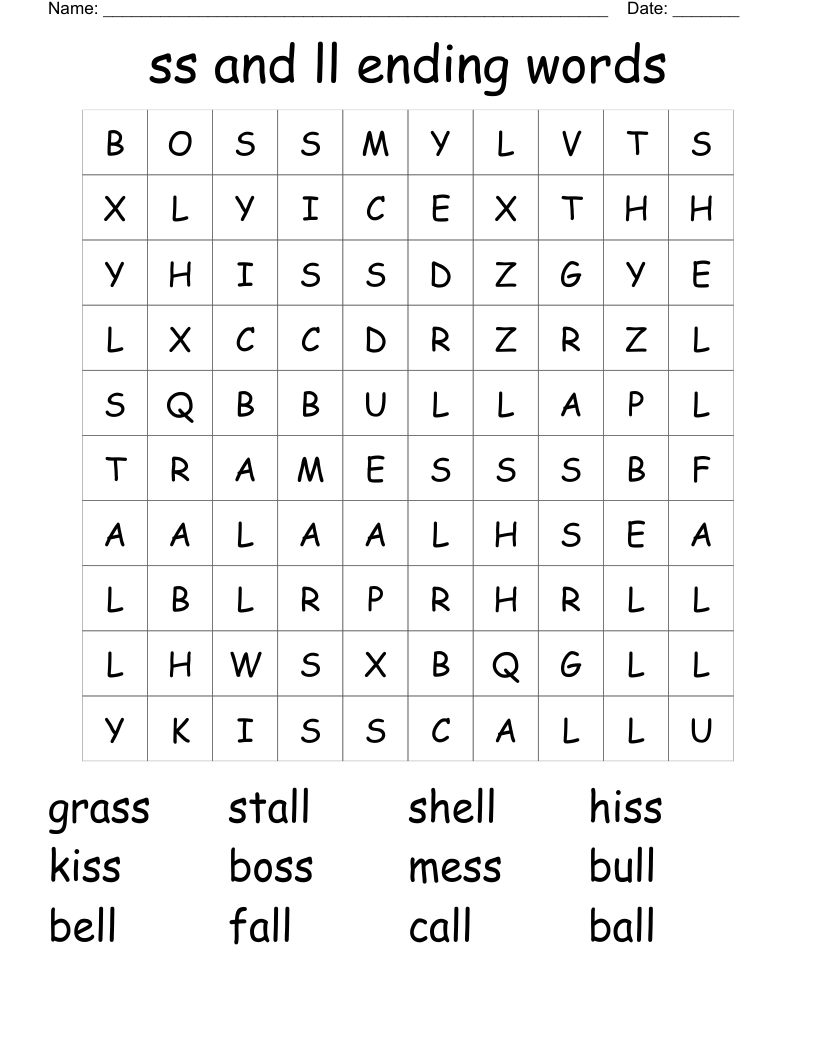 ss and ll ending words Word Search