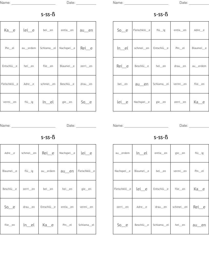 s-ss-ß Bingo Cards