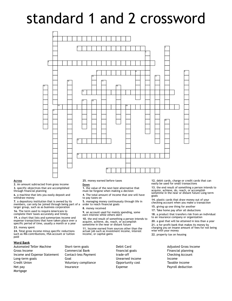 standard 1 and 2 crossword
