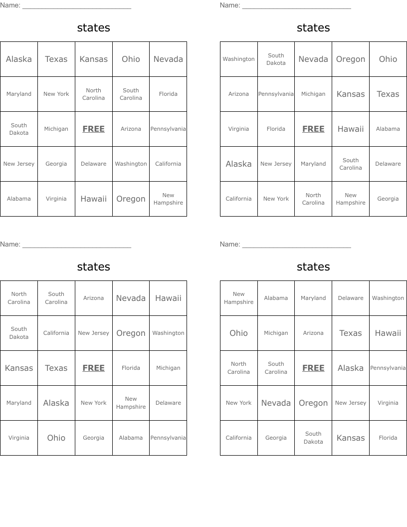 states Bingo Cards