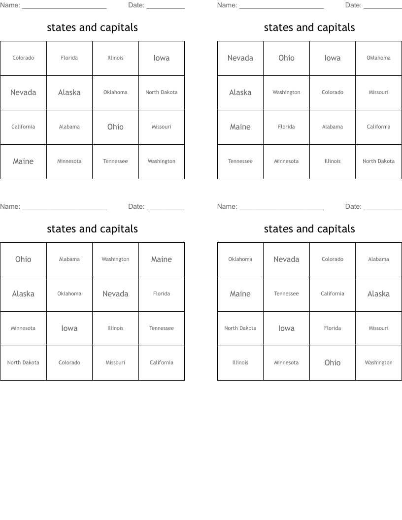 states and capitals Bingo Cards
