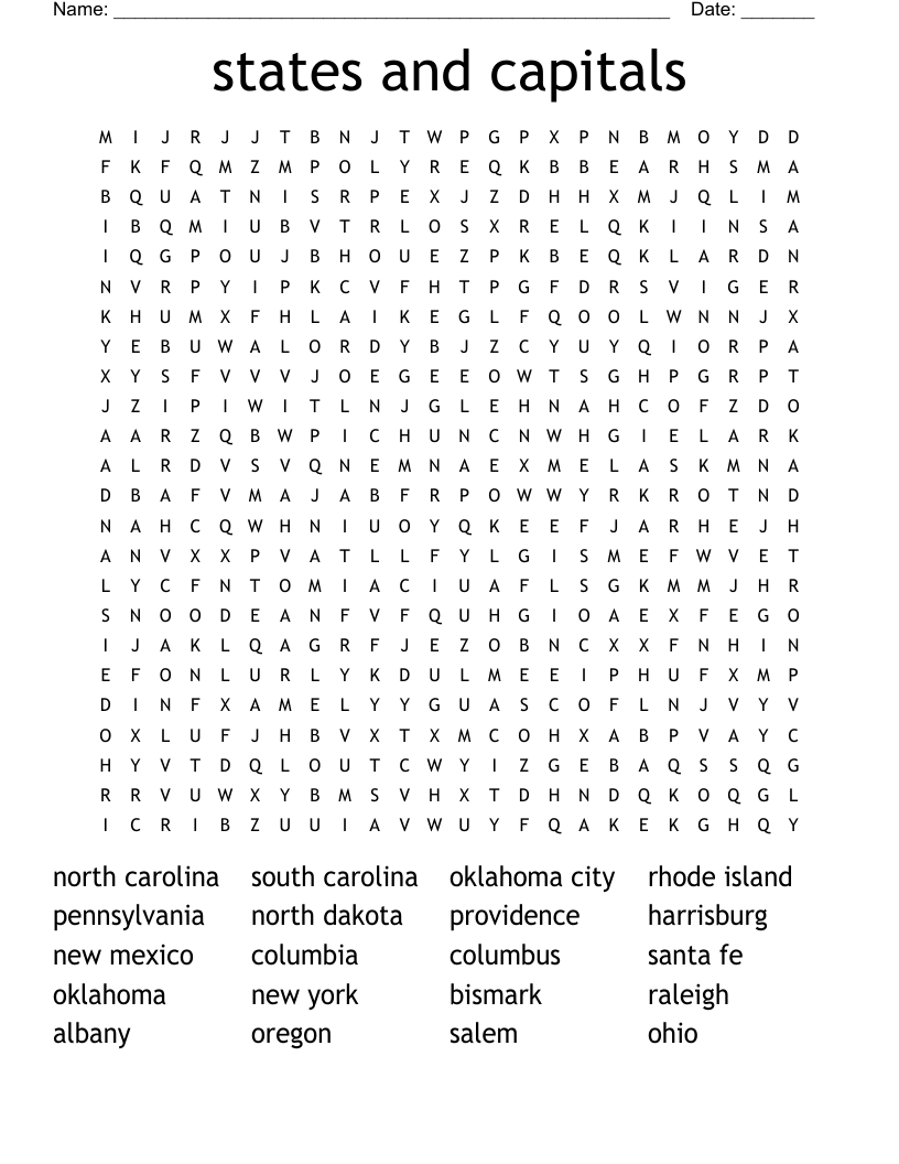 states and capitals  Word Search