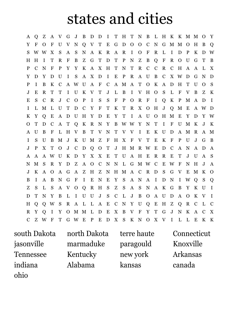 states and cities Word Search