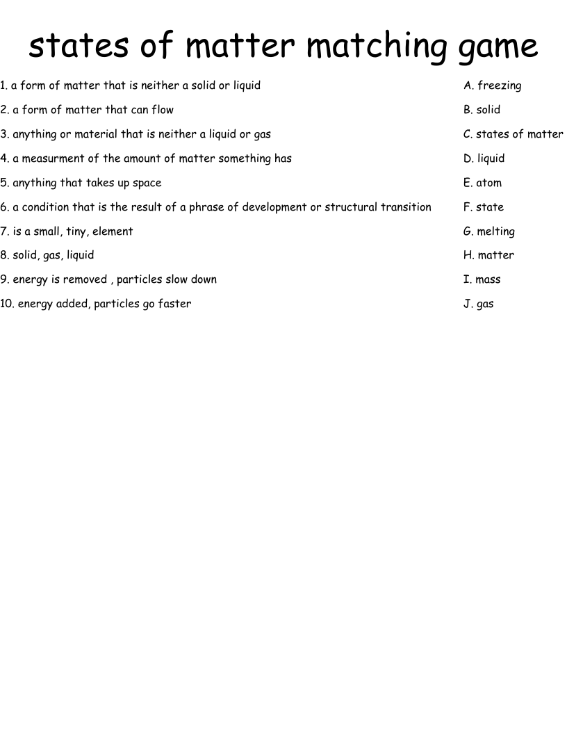 states of matter matching game Worksheet