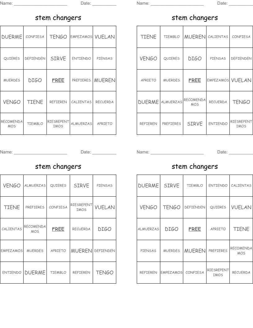 stem changers Bingo Cards