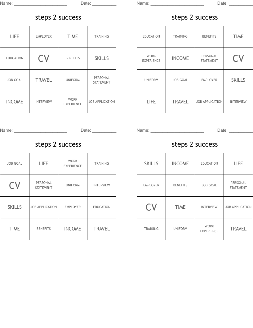 steps 2 success Bingo Cards