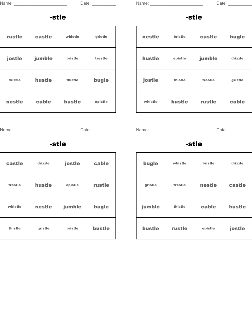 -stle Bingo Cards