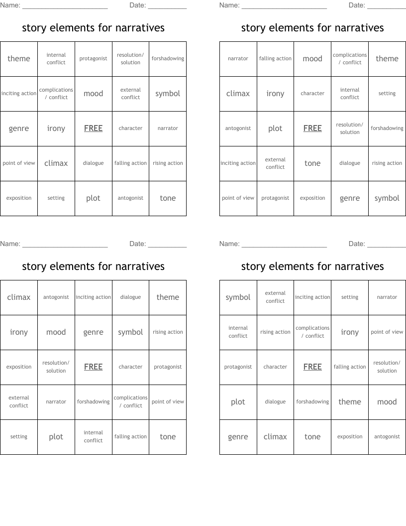 story elements for narratives Bingo Cards