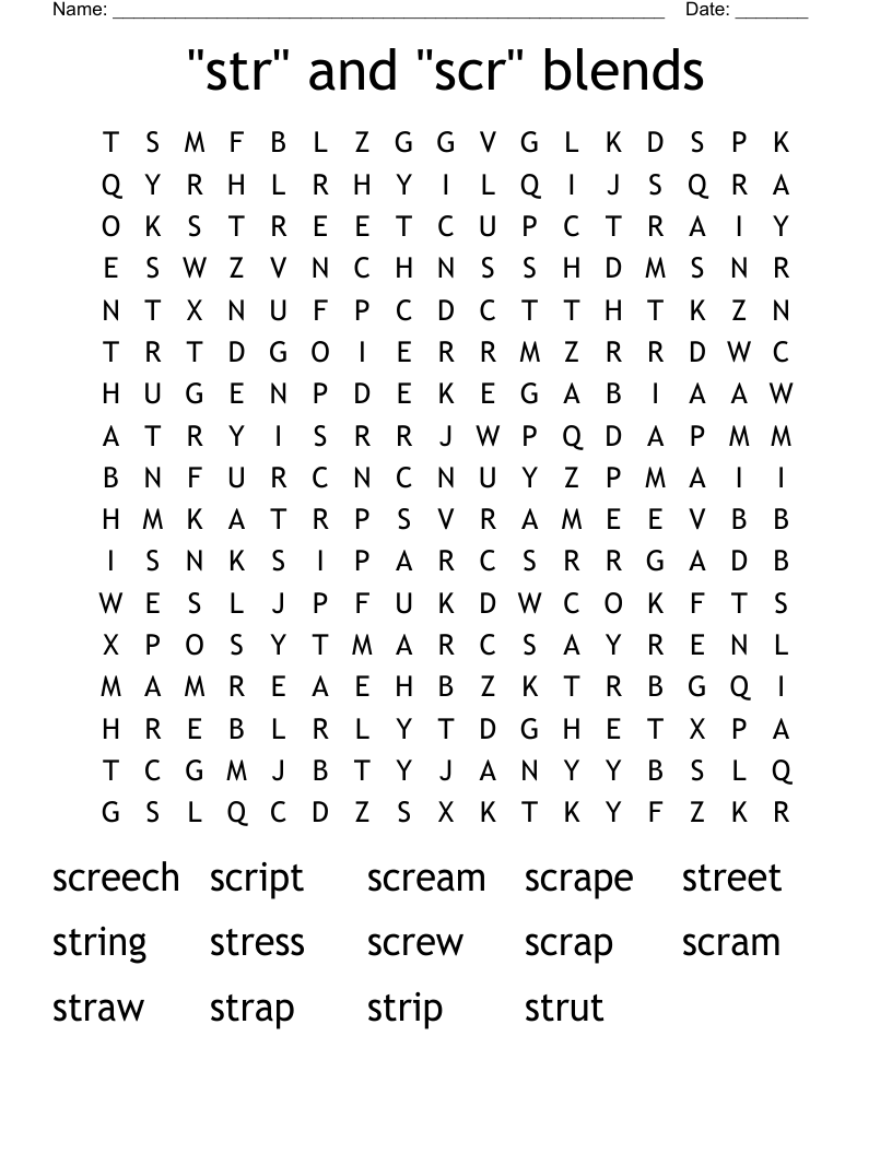 "str" and "scr" blends  Word Search