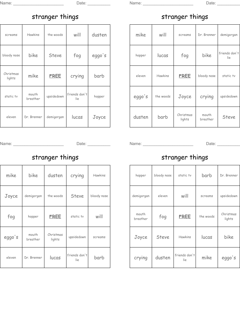 stranger things  Bingo Cards