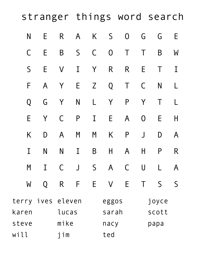 stranger things word search