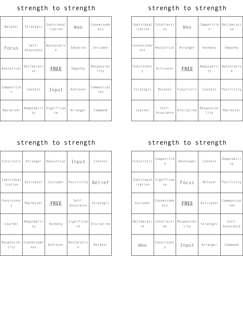 strength to strength Bingo Cards