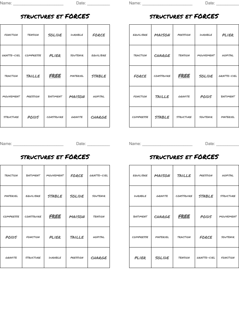 structures et FORCES Bingo Cards