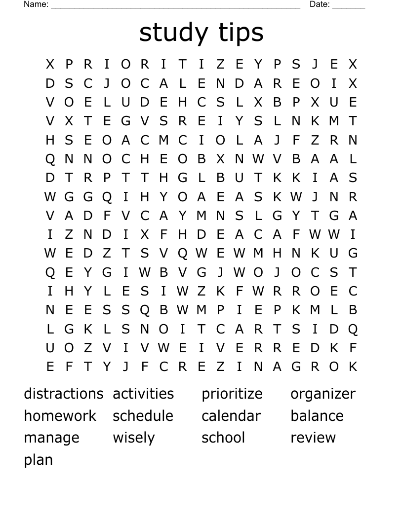 study tips Word Search