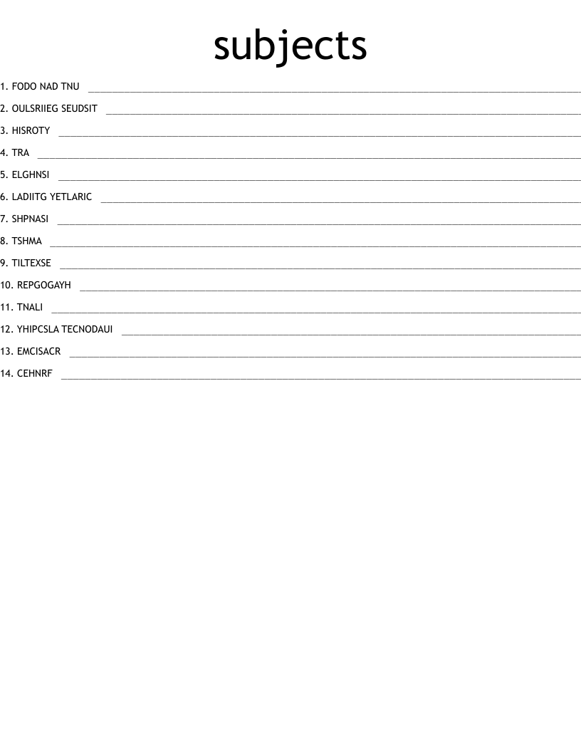 subjects Word Scramble