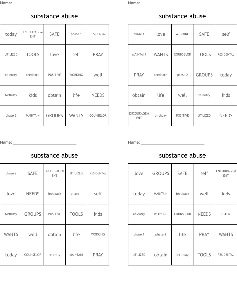 substance abuse Bingo Cards