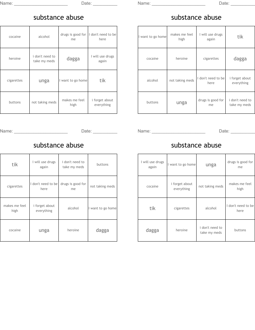 substance abuse  Bingo Cards