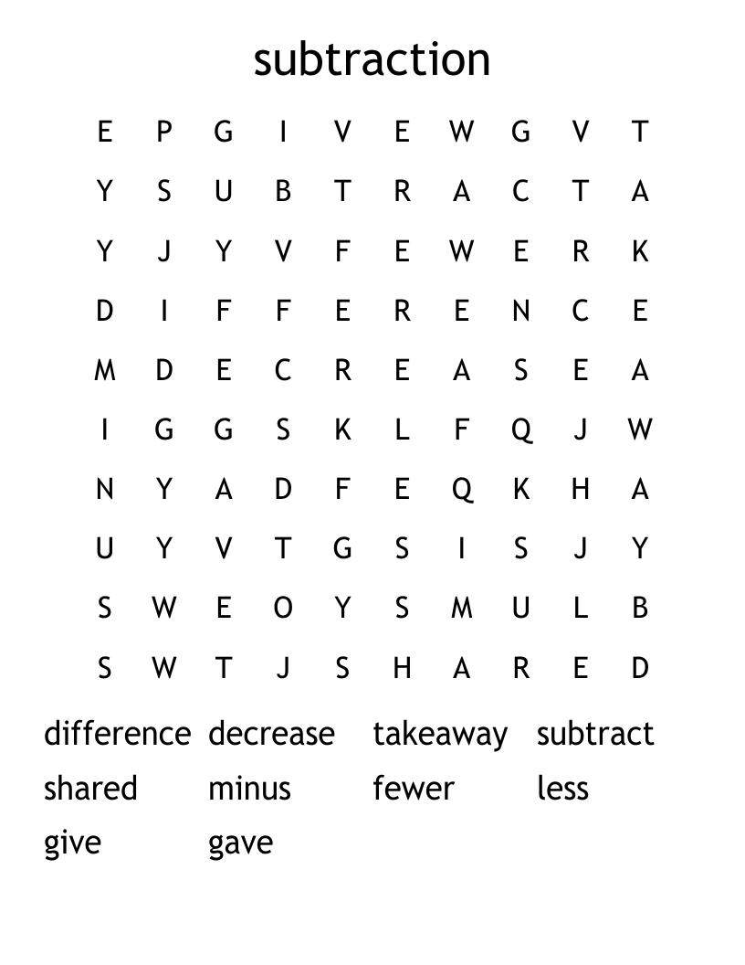 subtraction Word Search