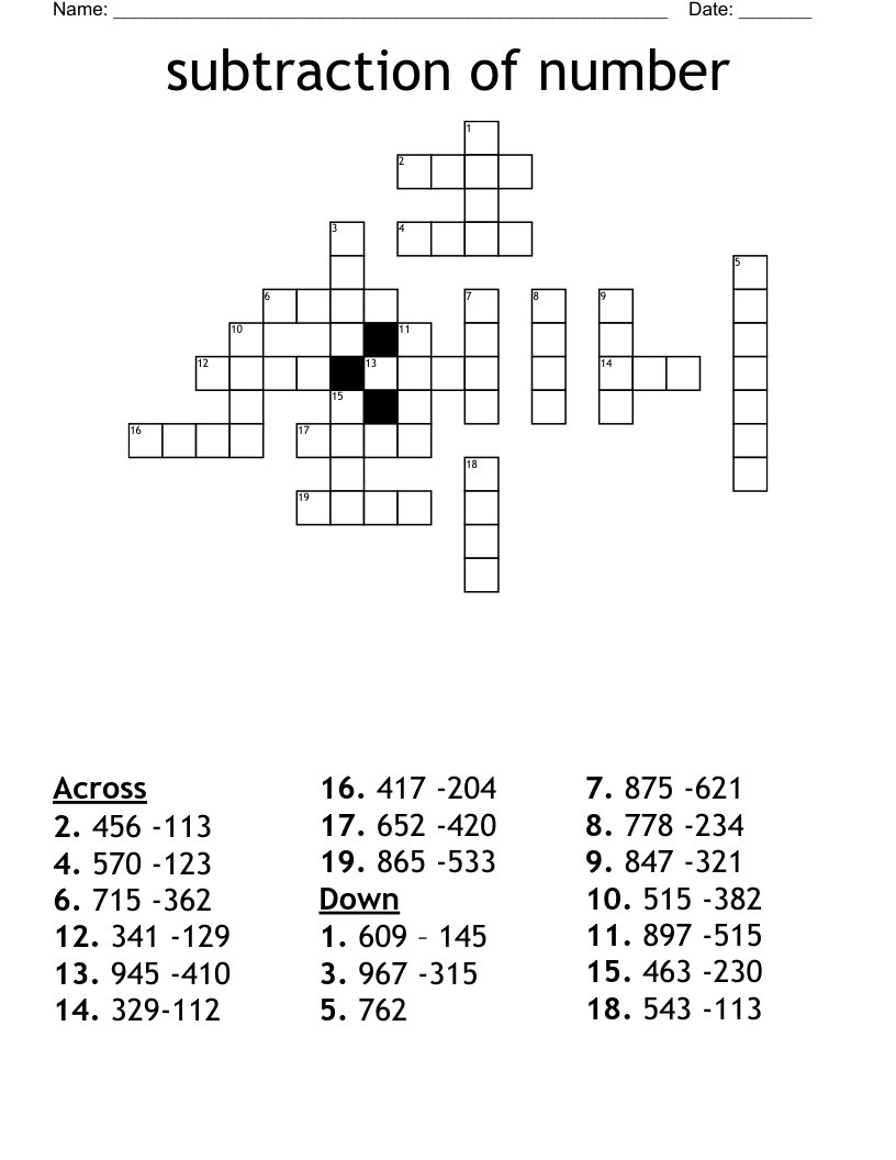 subtraction of number Crossword