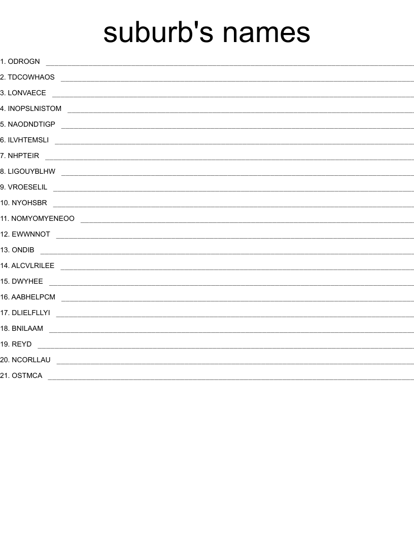 suburb's names Word Scramble