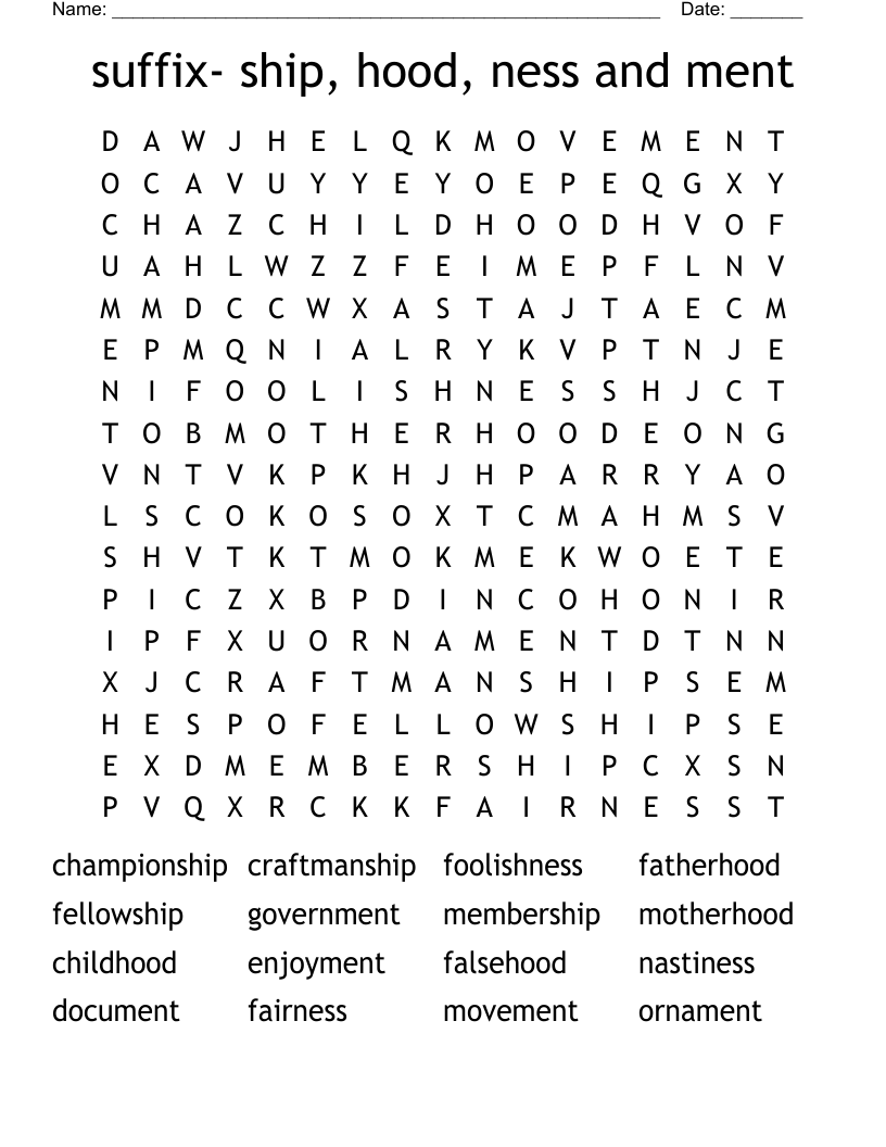 suffix- ship, hood, ness and ment Word Search