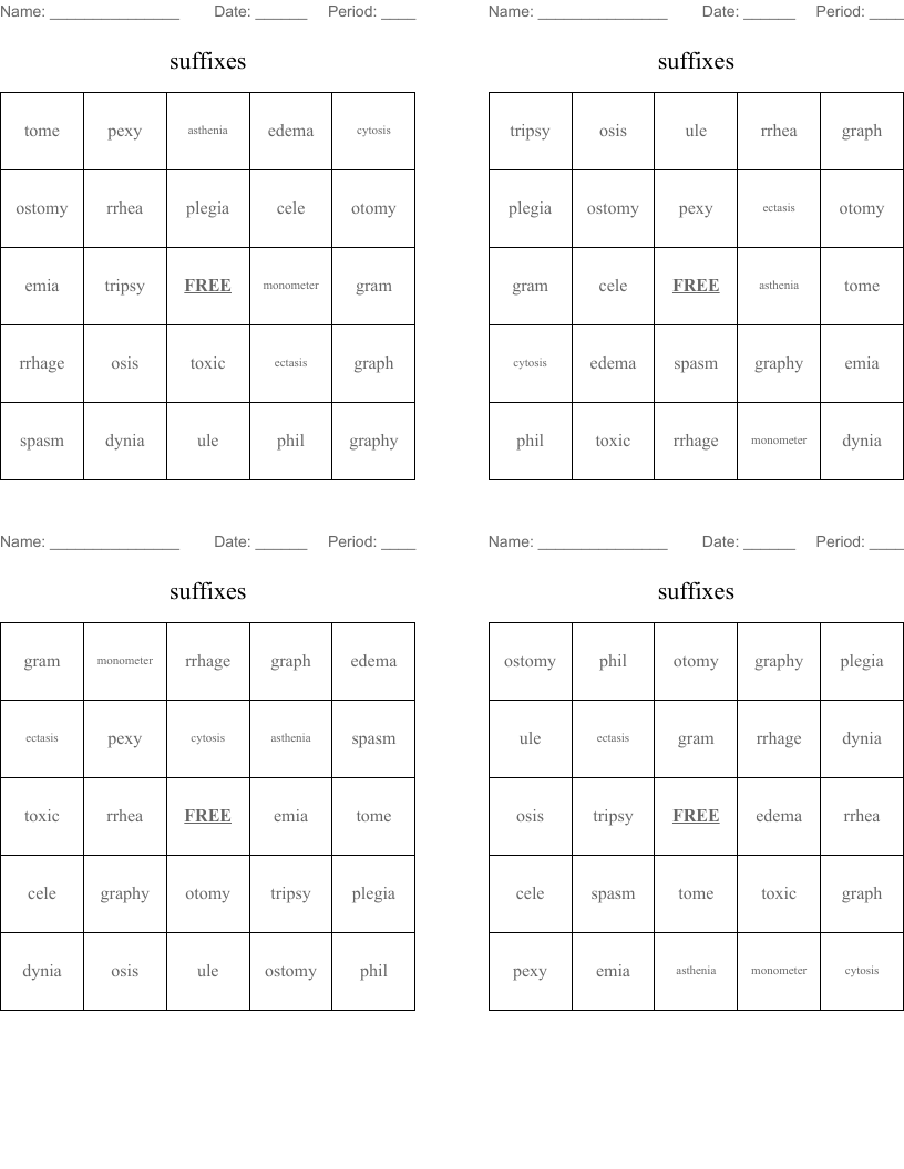 suffixes Bingo Cards