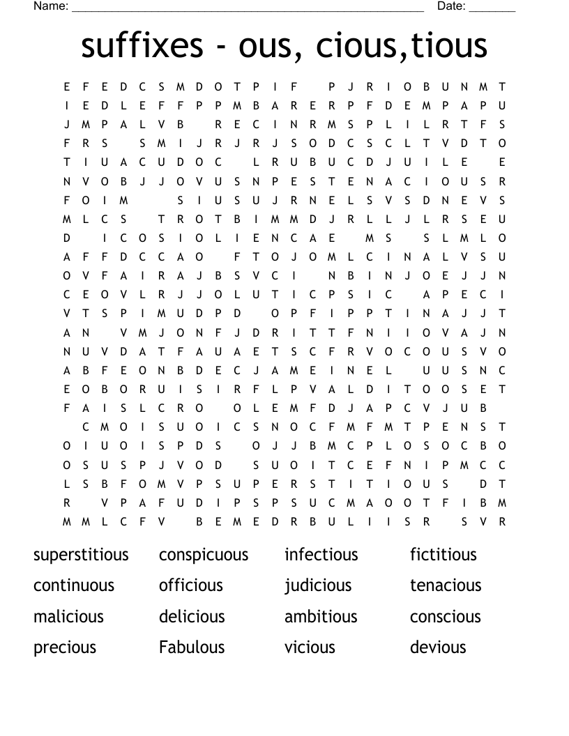 suffixes - ous, cious,tious Word Search