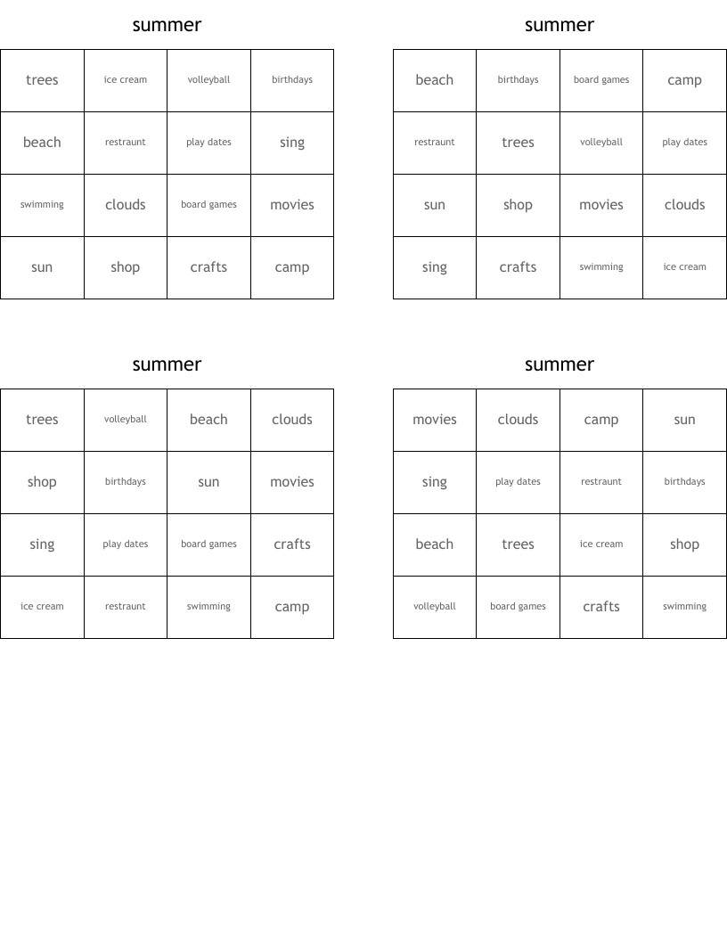 summer Bingo Cards