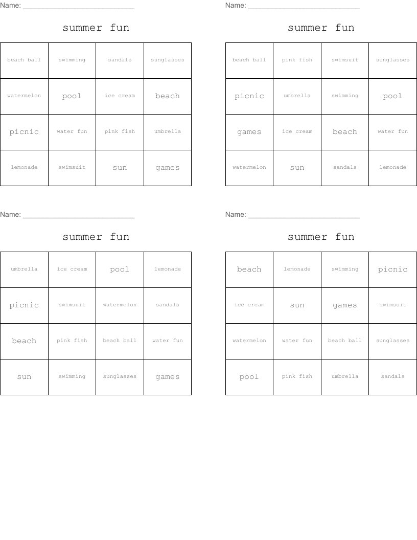 summer fun Bingo Cards