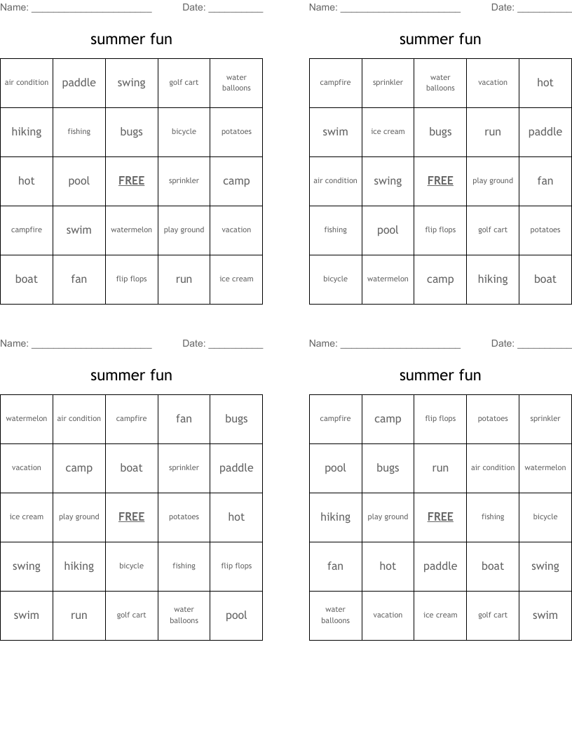 summer fun Bingo Cards