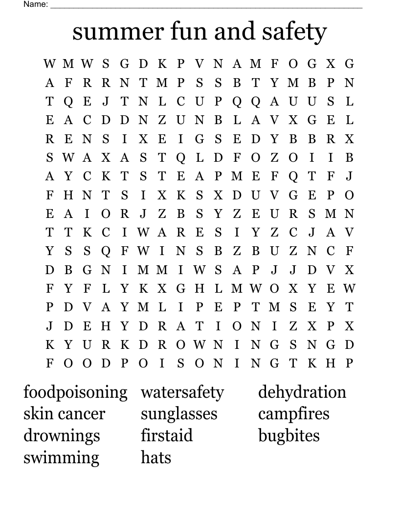 summer fun and safety Word Search