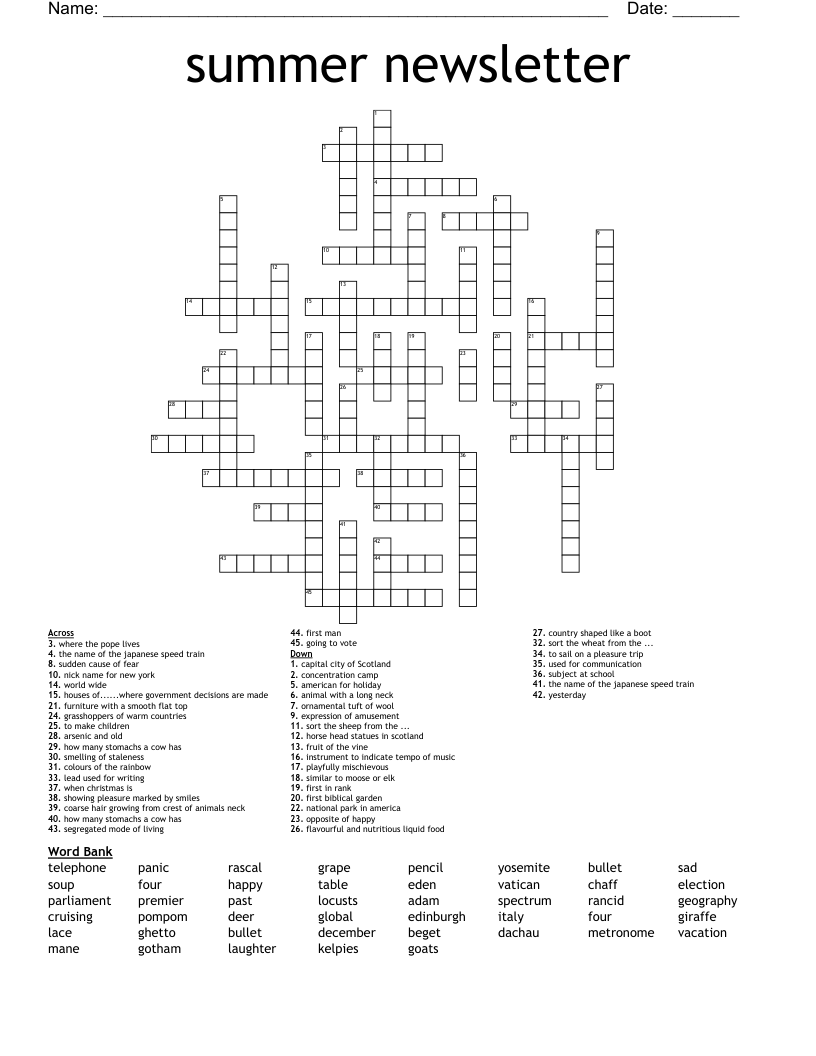 summer newsletter Crossword