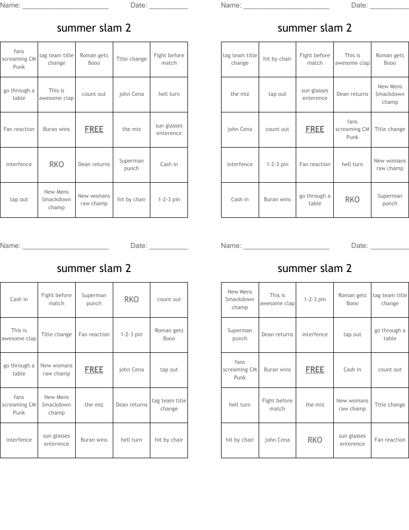 summer slam 2 Bingo Cards