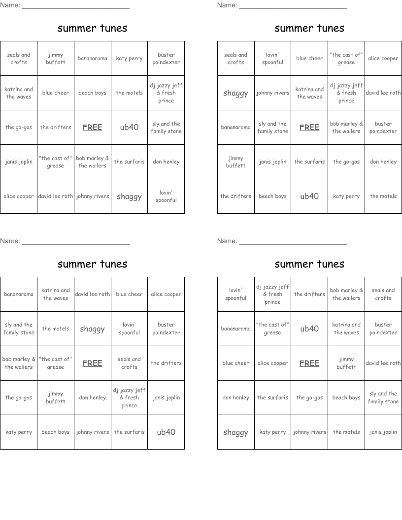 summer tunes Bingo Cards