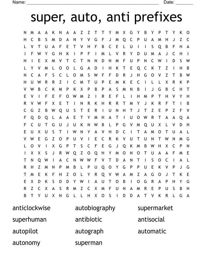 super, auto, anti prefixes Word Search