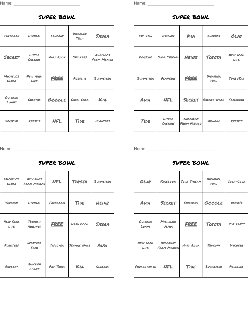 super bowl Bingo Cards
