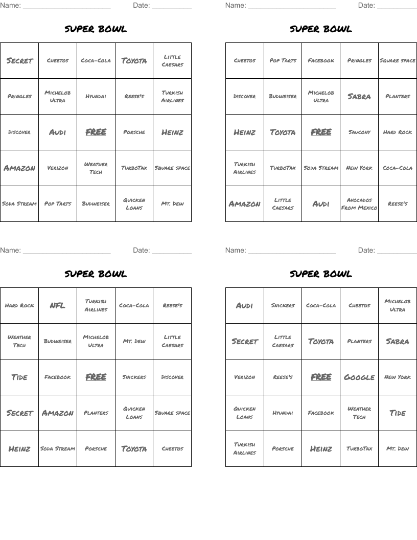 super bowl Bingo Cards
