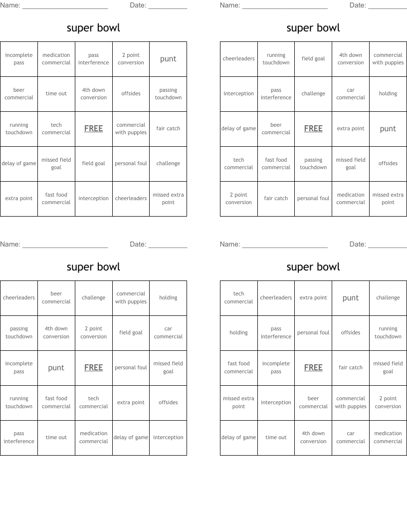 super bowl Bingo Cards