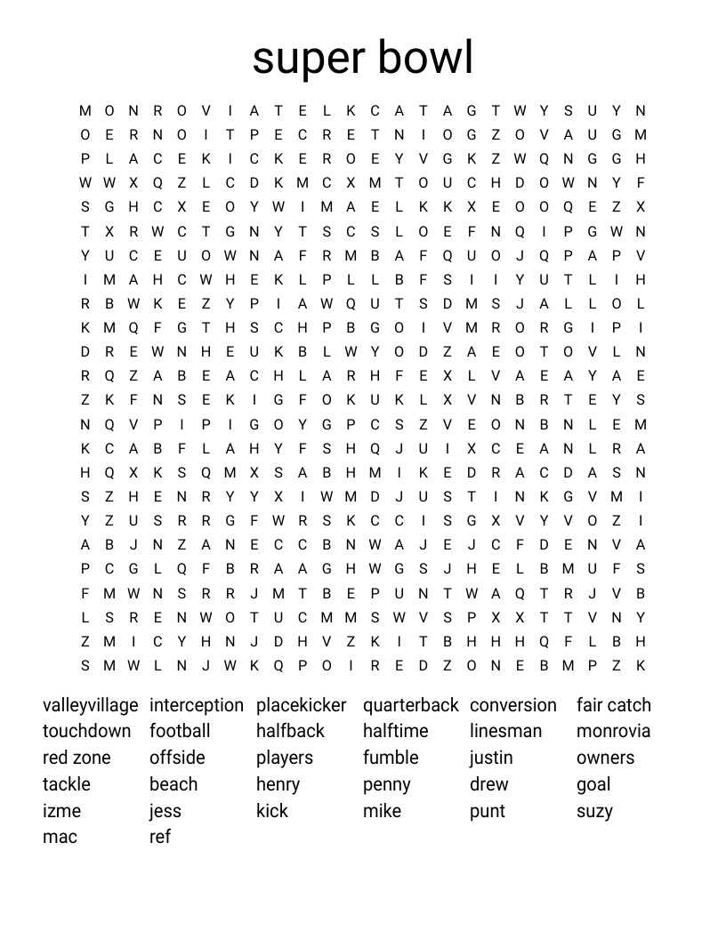 super bowl Word Search