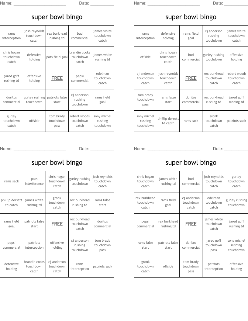super bowl bingo